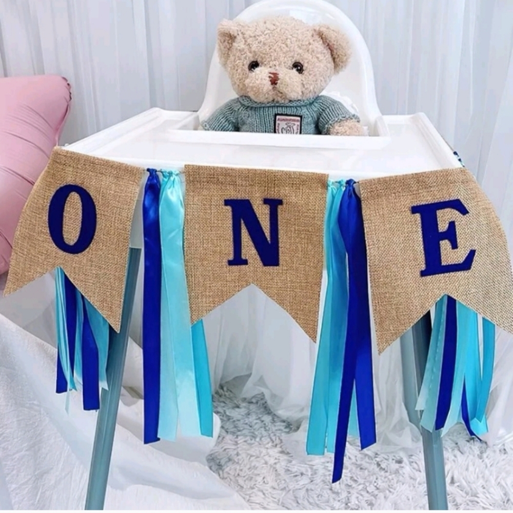 ONE burlap/blue ribbon highchair banner